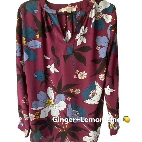 LOFT Tops - LOFT Maroon Floral Long Sleeves Sheer Blouse Sz S